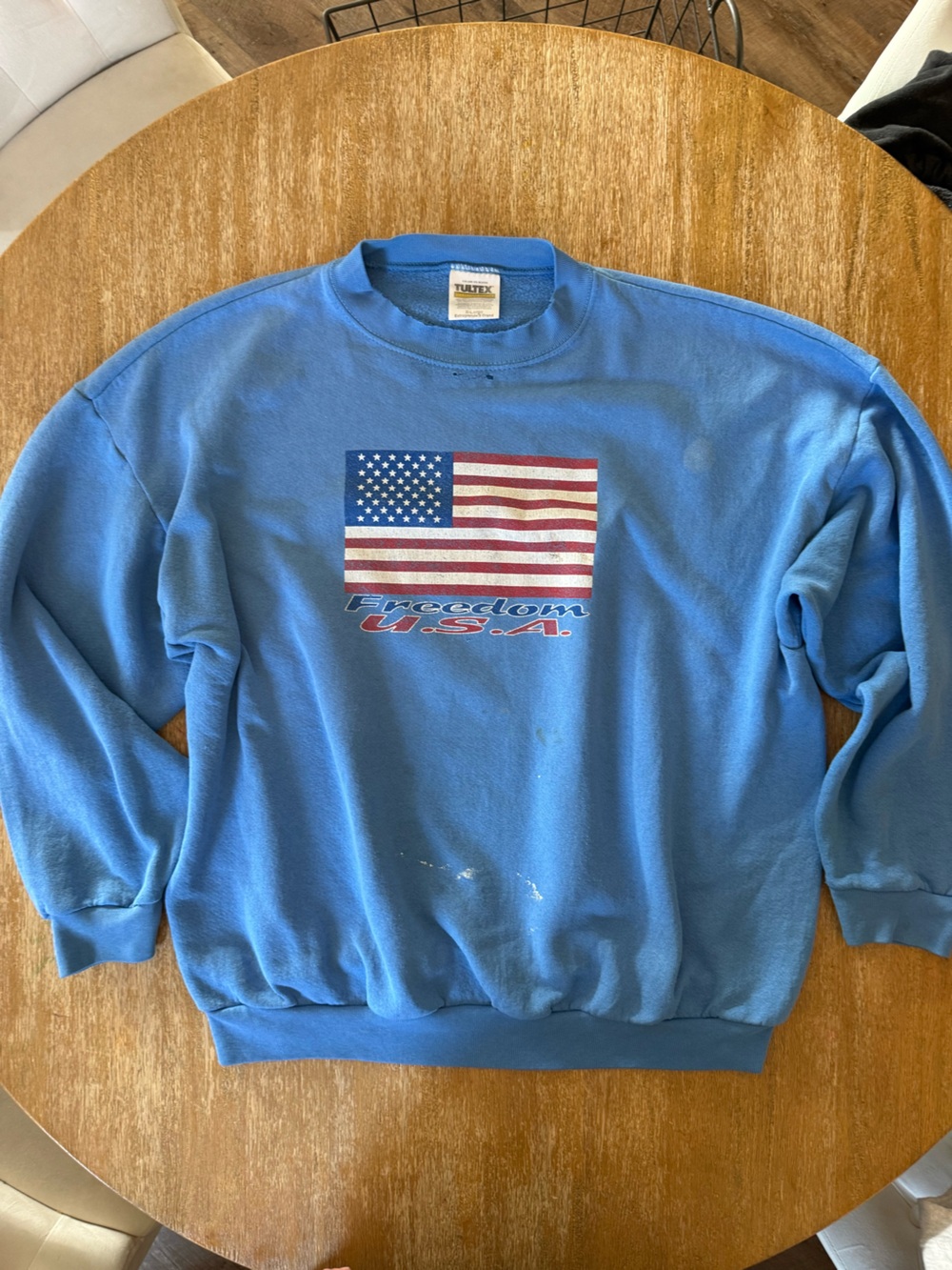 Tultex Blue Men’s XL Distressed Sweatshirt with American Flag Graphic